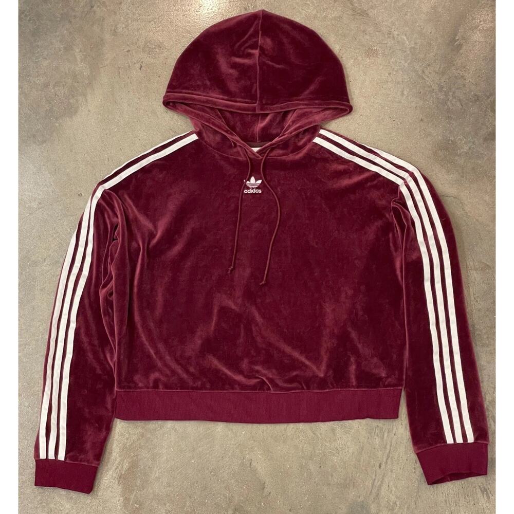 Adidas Velour Hoodie Womens S Maroon 3 Stripe Velvet Drawstring Y2K Style Jacket